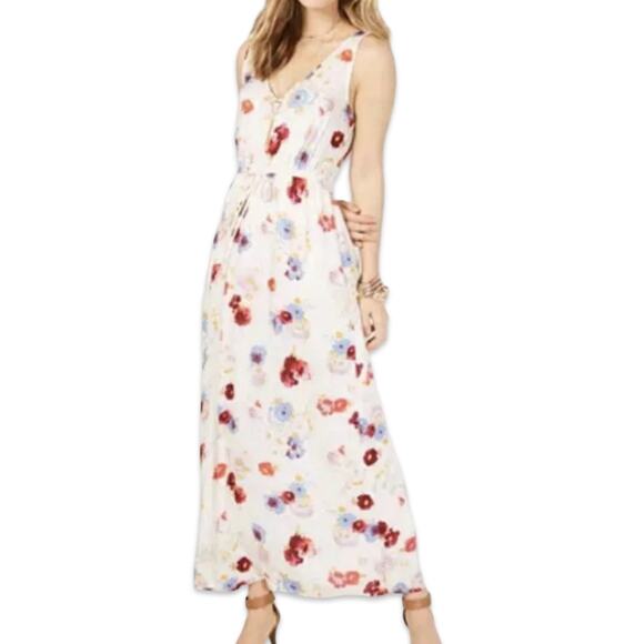 Lucky Brand Ivory Red Blue Floral Sleeveless Tie Waist V-Neck Maxi Dress size S - Picture 1 of 11